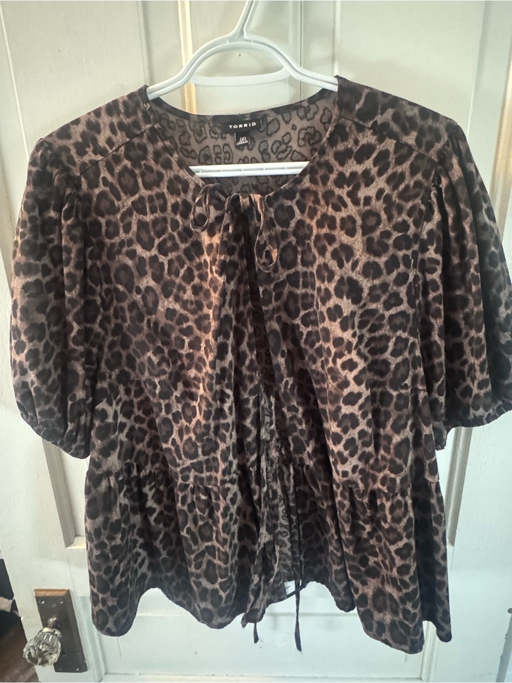 Torrid Brown and Black Leopard-Print Peplum Tie-Front Blouse